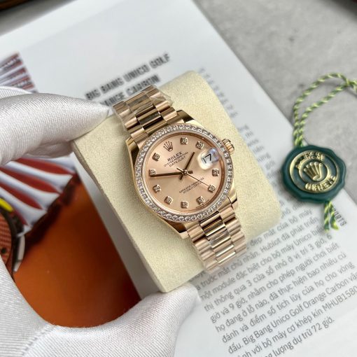 Đồng Hồ Rolex Nữ Rep 1:1 Size 31mm vàng hồng Viền Kim Cương